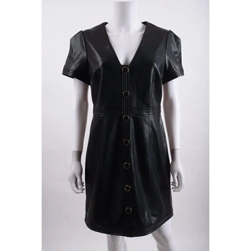 Milly Womens Isabelle Black Vegan Leather Dress V-Neck Short XS Short sleeved